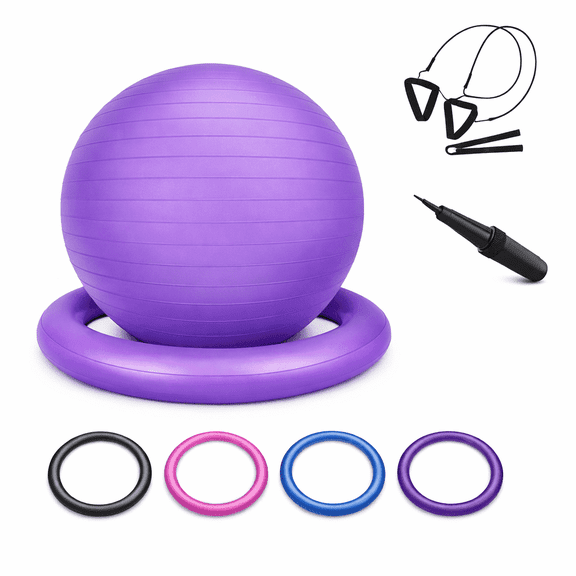 Innotech SC 65cm Yoga Ball with Base & Resistance Bands – Anti-Burst Matte Stability Ball – 750 lb Capacity – Includes Pump & Straps – 1 Pack – Purple