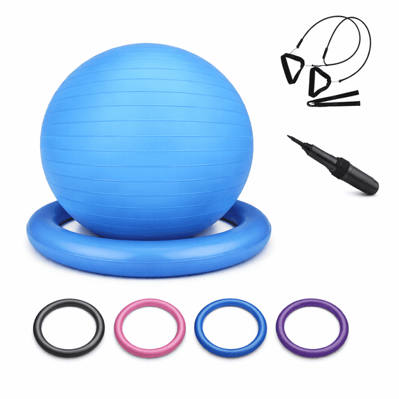 Innotech SC 65cm Yoga Ball with Base & Resistance Bands – Anti-Burst Matte Stability Ball – 750 lb Capacity – Includes Pump & Straps – 1 Pack – Blue