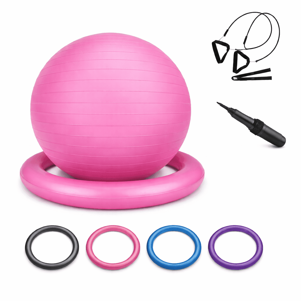 Innotech SC 65cm Yoga Ball with Base & Resistance Bands – Anti-Burst Matte Stability Ball – 750 lb Capacity – Includes Pump & Straps – 1 Pack – Pink