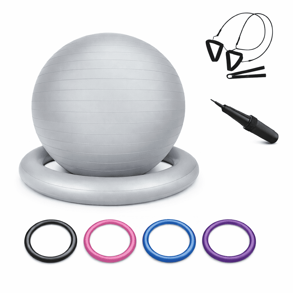 Innotech SC 65cm Yoga Ball with Base & Resistance Bands – Anti-Burst Matte Stability Ball – 750 lb Capacity – Includes Pump & Straps – 1 Pack –Silver