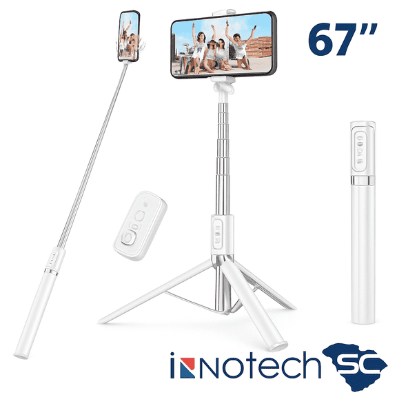Innotech SC 67’’ Adjustable Selfie Stick Tripod with Wireless Remote & 2 Flash Light– Portable, Stable,Lightweight Tripod for iPhone, Android,GoPro –Travel, Photography,Live Streaming, Vlogging White