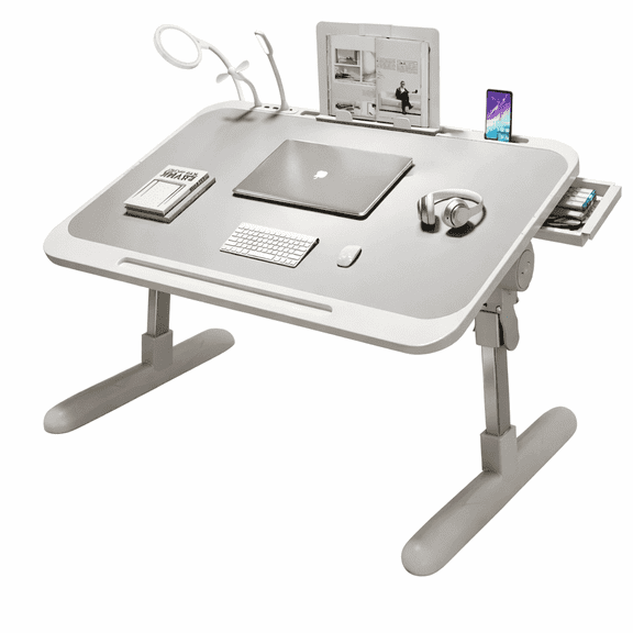 Innotech SC Adjustable Study Desk with LED Light, Mini Fan & USB Charging Port, Foldable Laptop Bed Desk with Drawer, 0–36° Tilt, Height Adjustable – Gray