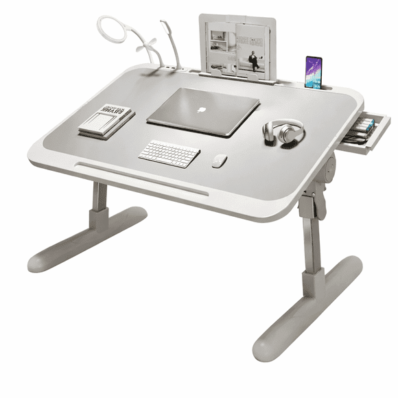 Innotech SC Adjustable Study Desk with LED Light, Mini Fan & USB Charging Port, Foldable Laptop Bed Desk with Drawer, 0–36° Tilt, Height Adjustable – Gray