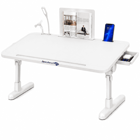 Innotech SC Foldable Laptop Bed Desk - Portable Study Table with LED Light, Mini Fan, USB Charging Port, Drawer, 4-Level Height Adjustment – White