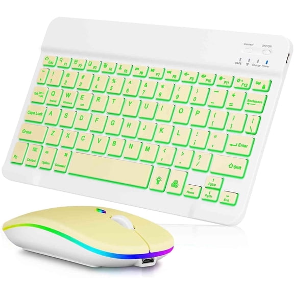Innotech SC Rechargeable Bluetooth Keyboard and Mouse Combo-7-Color Backlit Ultra-Slim Portable Compact Wireless Mouse Keyboard Set for Android Windows Tablet Cell Phone iPad 13 and Above-Yellow