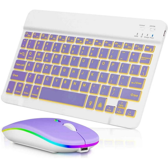 Innotech SC Rechargeable Bluetooth Keyboard and Mouse Combo-7-Color Backlit Ultra-Slim Portable Compact Wireless Mouse Keyboard Set for Android Windows Tablet Cell Phone iPad 13 and Above- Purple