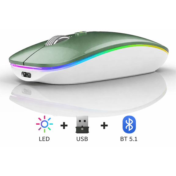 Innotech SC Wireless Bluetooth Mouse – Rechargeable Slim Silent Mouse with LED Lights, Dual Mode (BT5.2 & 2.4G USB Receiver) Portable for Laptop, iPad, Tablet, Mac & Computers – Dark Green