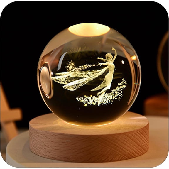 InnotechSC 3D Flying angel/ Let it go in Crystal Ball 60mm Laser Engraved Glass Sphere Home Decor with Wooden Light Base