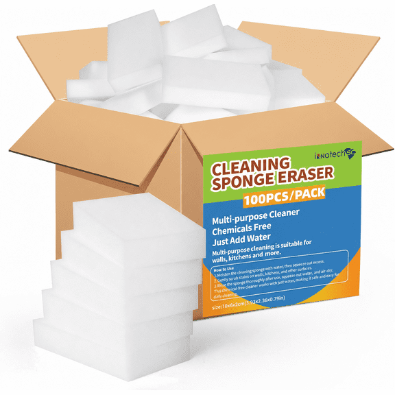 InnotechSC Cleaning Sponge Eraser 100 PCS/Pack  Multi-Purpose Melamine Cleaning Pads, Chemical Free Magic Cleaning Blocks, Just Add Water for Kitchen, Bathroom, Walls & More