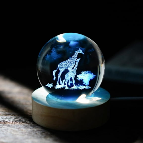 InnotechSC Giraffe Gift 3D Dolphins Figurines in Crystal Ball 60mm Laser Engraved Glass Sphere Home Decor with Wooden Light Base