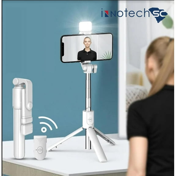 InnotechSC Selfie Stick Tripod with Light, 27'' Selfie Stick with Wireless Remote, Portable Phone Tripod Compatible with iPhone 15 Pro Max/15/14 /13, Samsung Android Smartphone