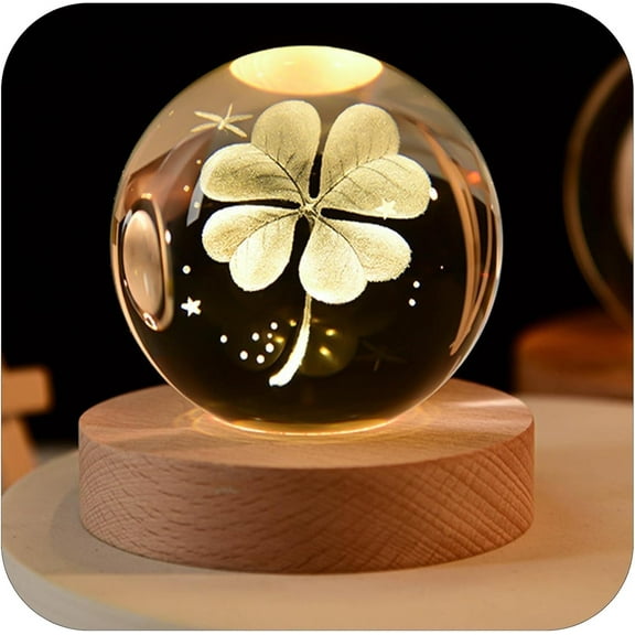 Innotechsc 3D Four-Leaf Clover in Crystal Ball 60mm Laser Engraved Glass Sphere Home Decor with Wooden Light Base