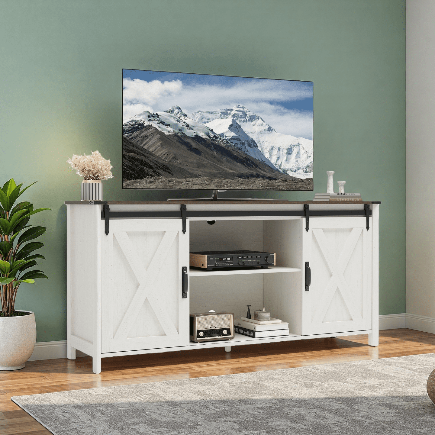 Innovar Modern Farmhouse TV Stand with Power Outlet for TV up to 65", Rustic Entertainment Center W/ Sliding Barn Door & Cabinet, Media TV Console Table with Adjustable Shelve for Living Room, Oak