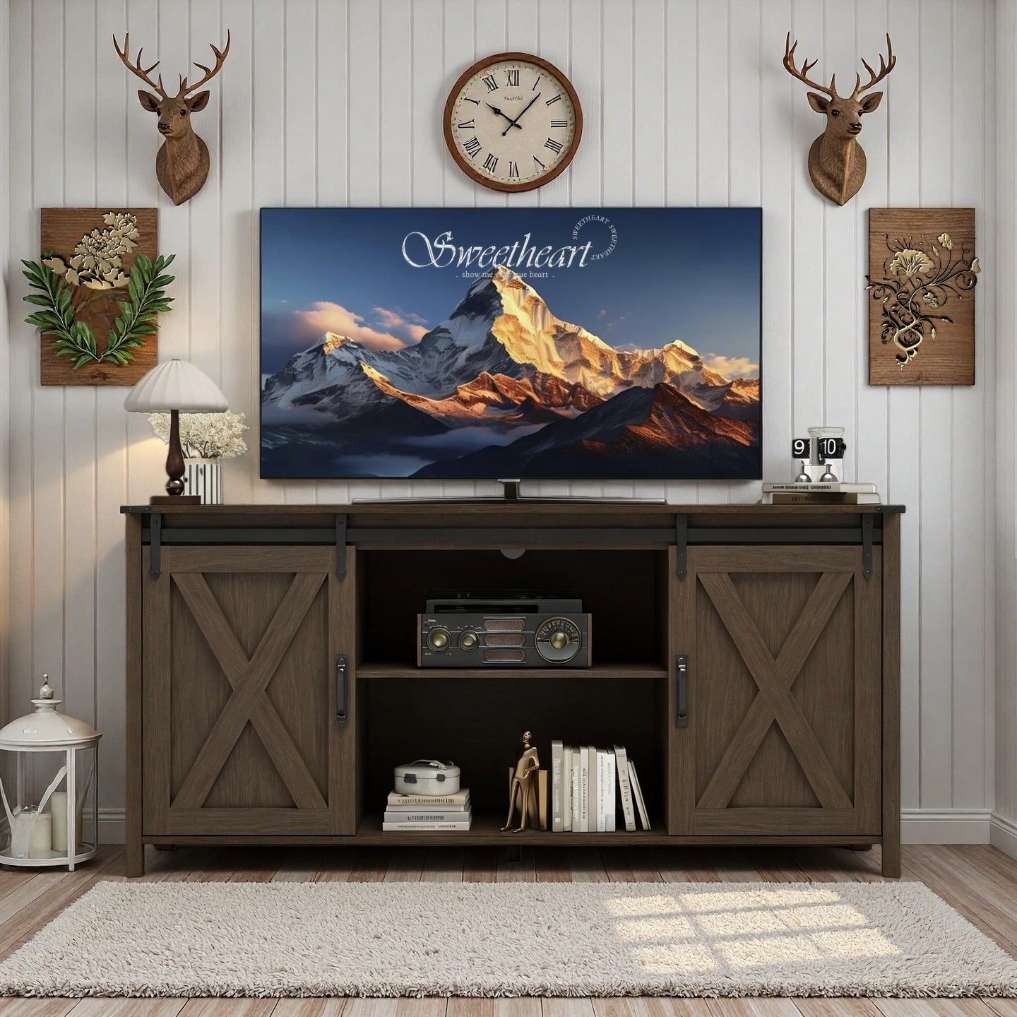 Innovar Farmhouse TV Stand with Power Outlet for TV up to 65", Rustic Entertainment Center W/ Sliding Barn Door & Cabinet, Media TV Console Table with Adjustable Shelve for Living Room, Walnut