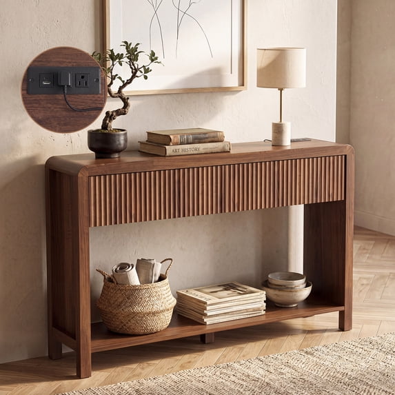 Innovar 47" Modern Fluted Sofa Table with Power Outlets - Curved Console Table W/Open Storage Shelf & 2 Drawers, Narrow Entryway Tables for Living Room, Hallway,Entrance,Walnut