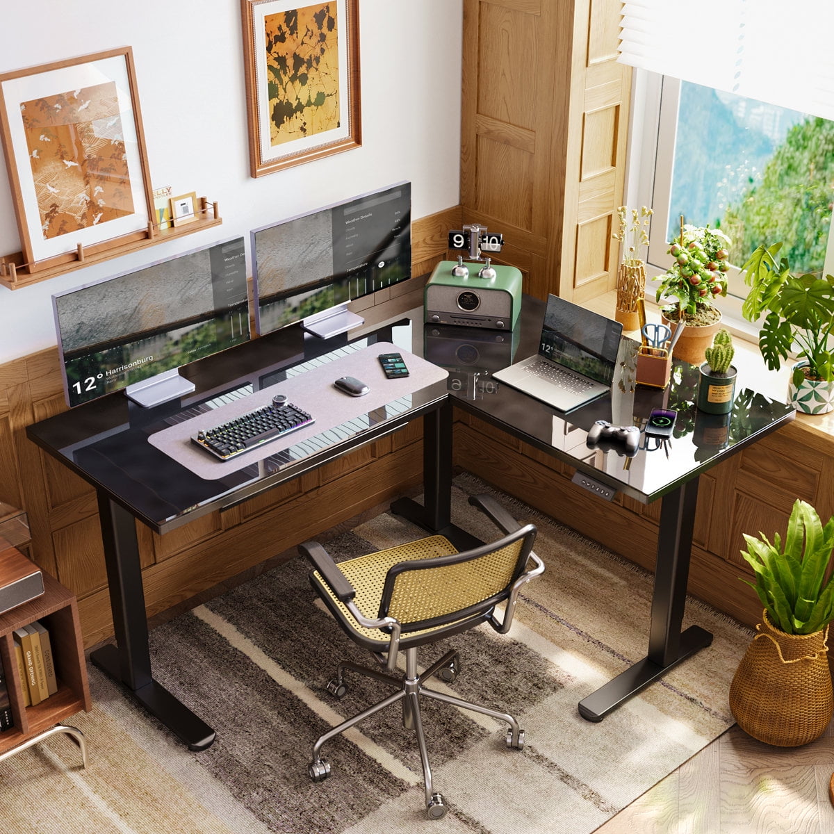 Innovar 63" Dual Motor L-Shaped Standing Desk,Wireless Charging Adjustable Height Glass Standing Desk, Electric Sit to Stand up Tempered Glass Top Desk W/ Memory Presets for Office Home Black