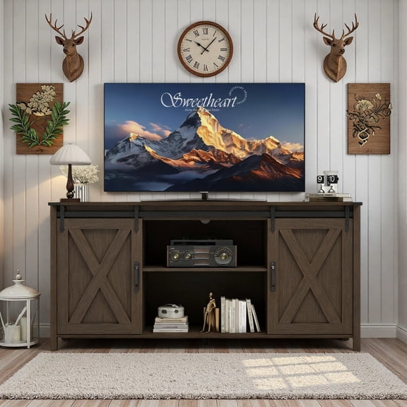 Innovar Farmhouse TV Stand with Power Outlet for TV up to 65", Rustic Entertainment Center W/ Sliding Barn Door & Cabinet, Media TV Console Table with Adjustable Shelve for Living Room, Walnut