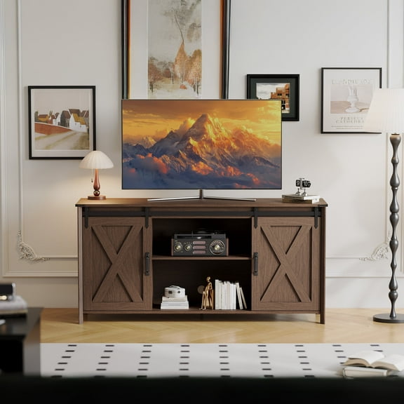Innovar Farmhouse TV Stand for TVs Up to 65" Television Cabinet, Rechargeable TV Stand Entertainment Center with Sliding Barn Door & Cabinet, TV Console Cabinet W/ Power Outlet for Living Room,Walnut