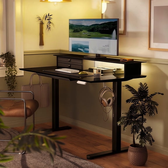 Innovar Glass Top Electric Standing Desk,48'' L X 24" W Tempered Glass Adjustable Height Desk with LED & USB Ports, Sit to Stand up Desk with 3 Drawers,Rising Computer Desk,Black