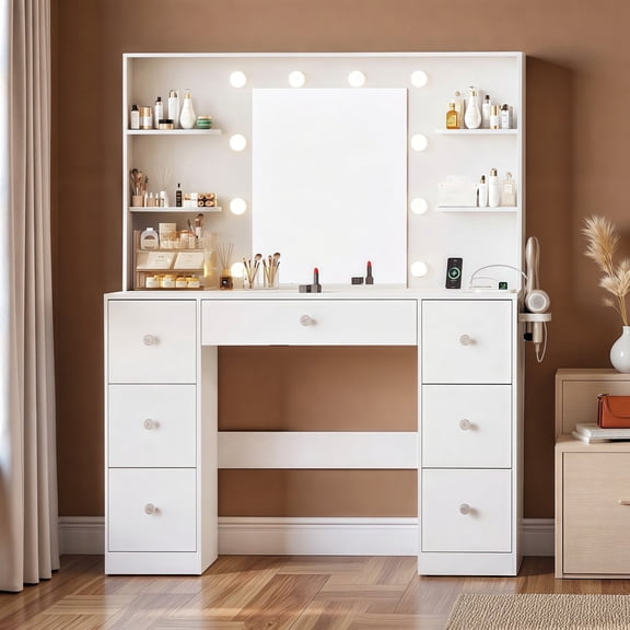 Innovar Large Makeup Vanity Desk with Mirror and Hollywood Lights, Bedroom Dressing Table W/4 Shelves & 7 Drawers, Women Vanity Table with Outlets Charging Station & Hairdryer Holder - White