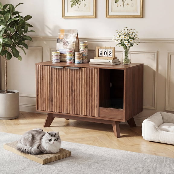Innovar Modern Cat Litter Box Enclosure - 31.5" Hidden Cat Litter Box Furniture for 2 Cats, Indoors Cats Washroom Cabinet with Divider & Scratching Pad for Most Cat Litter Box,Walnut
