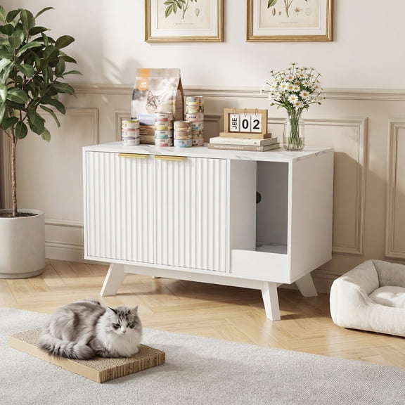 Innovar Modern Cat Litter Box Enclosure - 31.5" Hidden Cat Litter Box Furniture for 2 Cats, Indoors Cats Washroom Cabinet with Divider & Scratching Pad for Living Room Bedroom,White/Marble Top