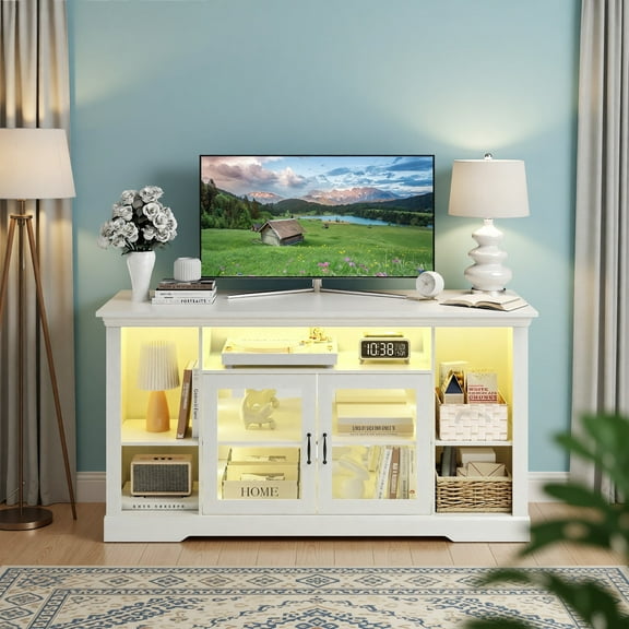 Innovar Home Tall TV Stand - TV Stands with LED Lights for TVs up to 65 inch TVs, Television Cabinet Stands Entertainment Center with Storage and Glass Doors for Living Room & Bedroom, White