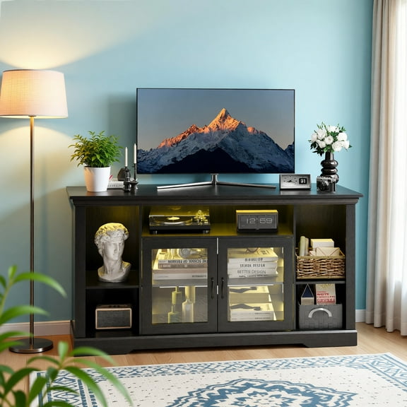 Innovar Modern TV Stand with LED Lights for 65 inch TV, Black Tall TV Cabinets with Storage & Adjustable Shelves, Entertainment Center with Glass Doors for Living Room and Bedroom