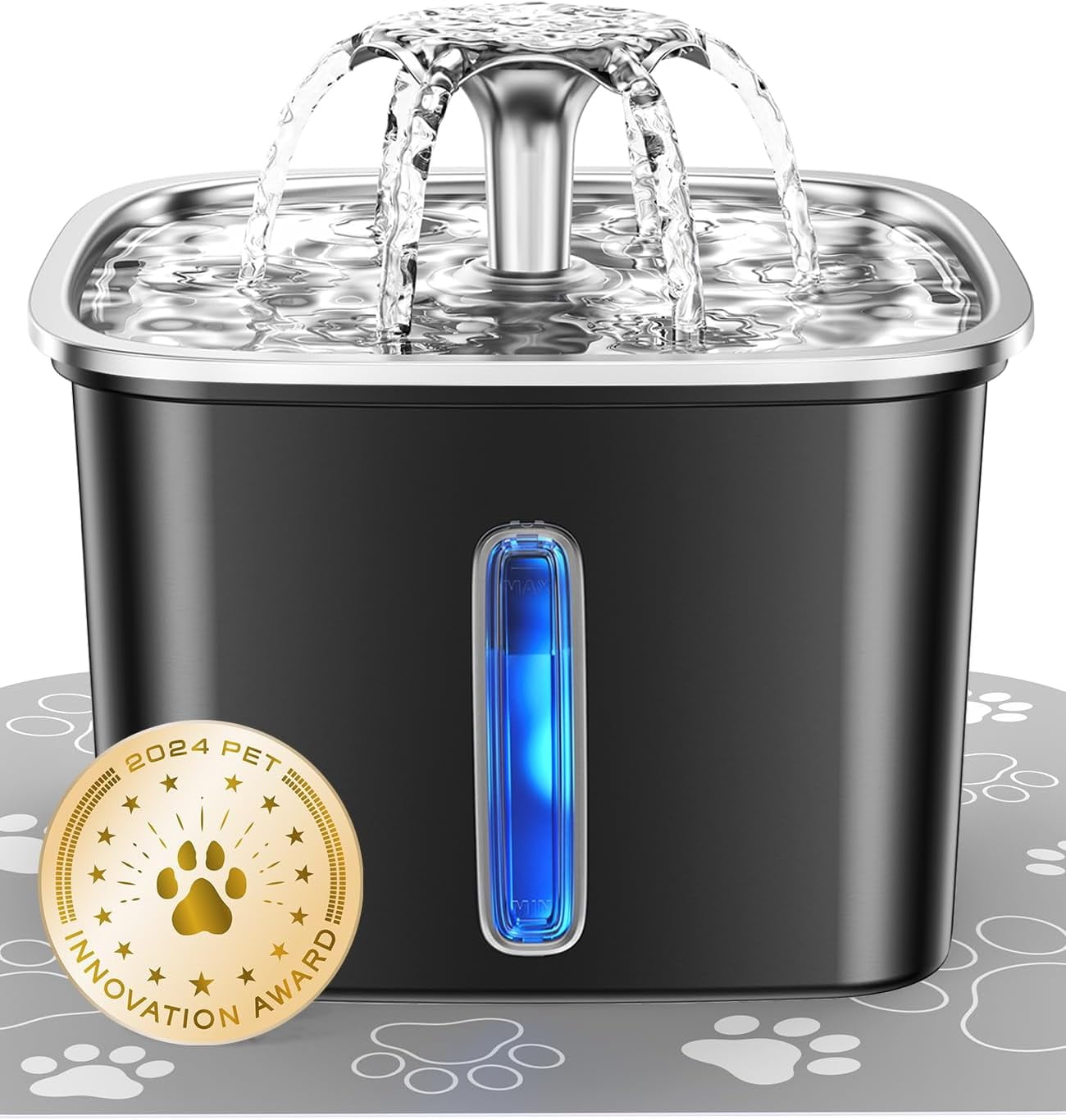 Innovation Award Winner Stainless Steel Cat Water Fountain, 108oz/3.2L Automatic Pet Fountain Dog Water Dispenser with 6 Replacement Filters & Silicone Mat for Cats, Dogs, Multiple Pets (Silver)