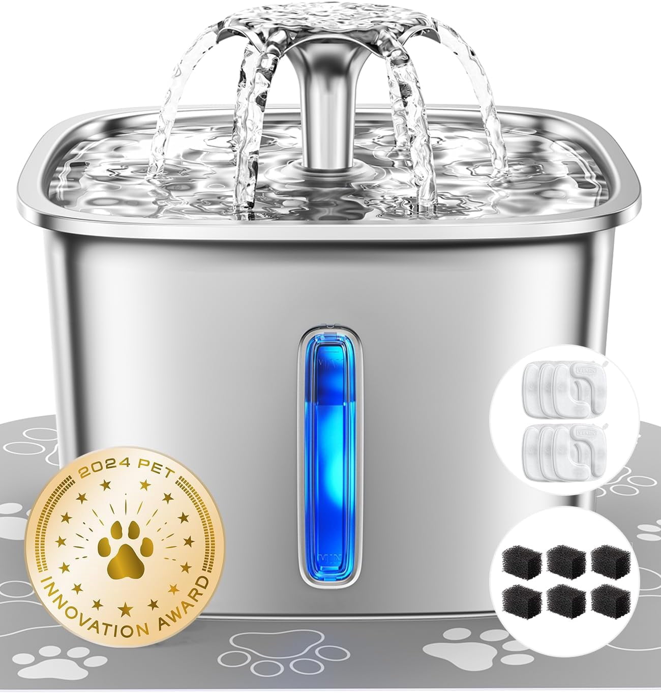 Innovation Award Winner Stainless Steel Cat Water Fountain, 108oz/3.2L Automatic Pet Fountain Dog Water Dispenser with 6 Replacement Filters & Silicone Mat for Cats, Dogs, Multiple Pets (Silver)
