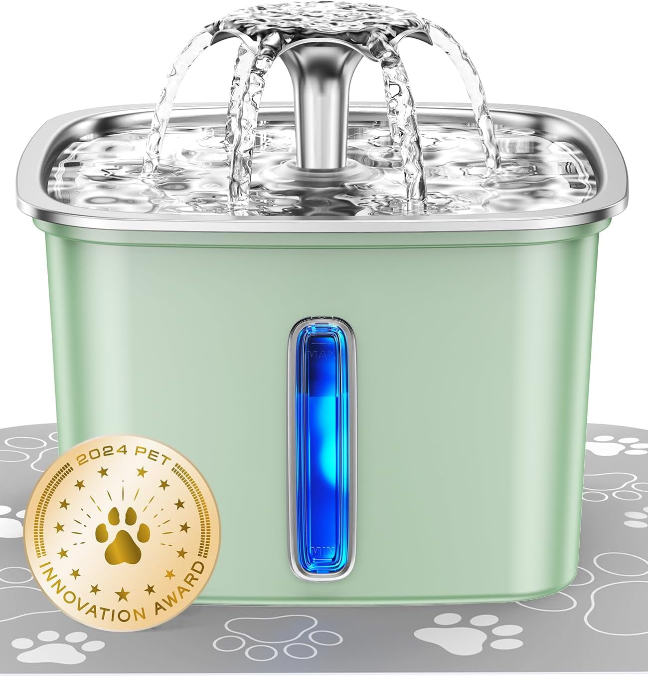 Innovation Award Winner Stainless Steel Cat Water Fountain, 108oz/3.2L Automatic Pet Fountain Dog Water Dispenser with 6 Replacement Filters & Silicone Mat for Cats, Dogs, Multiple Pets (Silver)