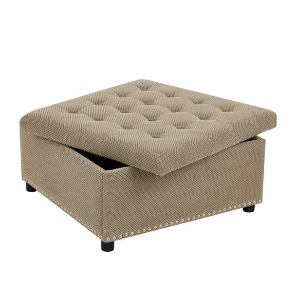 Innovation Works 30" Large Square Storage Ottoman, Tufted Upholstered Footrest with Hidden Compartment, Multifunctional Coffee Table Bench for Living Room, Camel