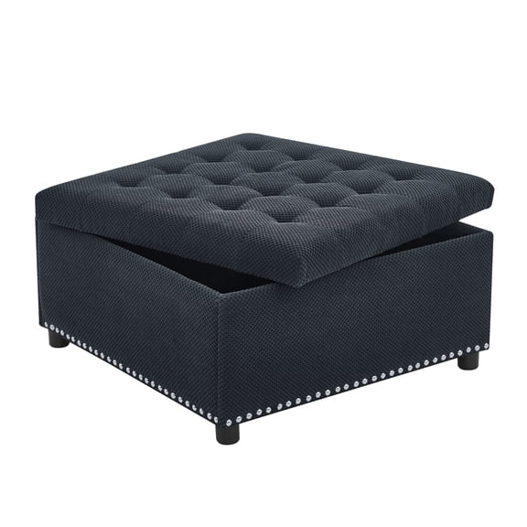 Innovation Works 30" Large Square Storage Ottoman, Tufted Upholstered Footrest with Hidden Compartment, Multifunctional Coffee Table Bench for Living Room, Black