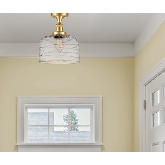 Innovations Lighting  Bell - 1 Light 12" Semi-Flush Mount Satin Gold/Clear Deco Swirl