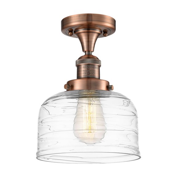 Innovations Lighting  Bell - 1 Light 8" Semi-Flush Mount Antique Copper/Clear Deco Swirl