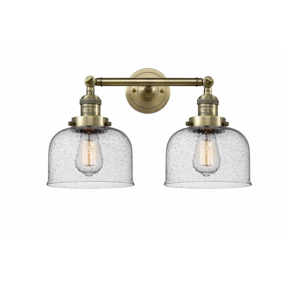 208-AB-G74 Innovations Lighting Bell - 2 Light Bath Vanity In Industrial Style-12 Inches Tall and 19 Inches Wide-Antique Brass Finish-Seedy Glass