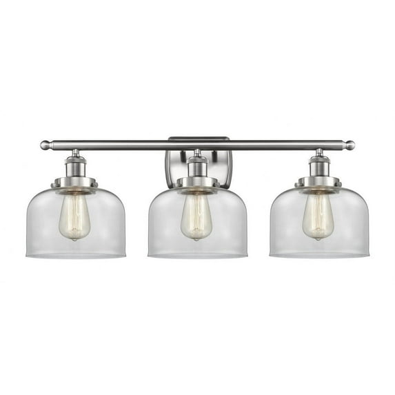 916-3W-SN-G72 Innovations Lighting Bell - 3 Light Bath Vanity In Industrial Style-11 Inches Tall and 28 Inches Wide-Brushed Satin Nickel Finish-Clear