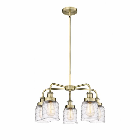 Innovations Lighting Bell - 5 Light 23" Stem Hung Chandelier Antique Brass/Clear Deco Swirl