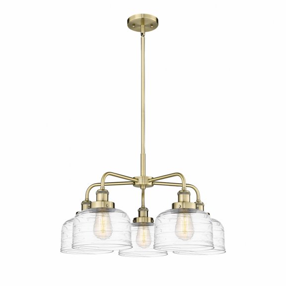 Innovations Lighting Bell - 5 Light 26" Stem Hung Chandelier Antique Brass/Clear Deco Swirl