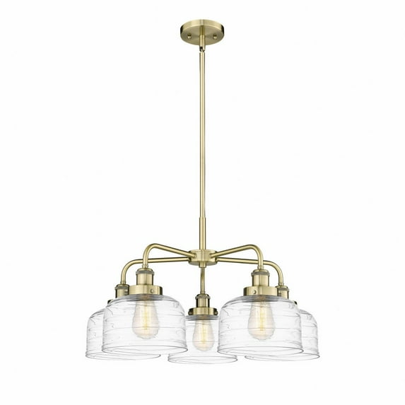 Innovations Lighting Bell - 5 Light 26" Stem Hung Chandelier Antique Brass/Clear Deco Swirl