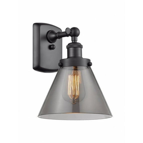 916-1W-BK-G43 Innovations Lighting Cone - 1 Light Wall Sconce In Industrial Style-13 Inches Tall and 8 Inches Wide-Matte Black Finish-Light Smoke