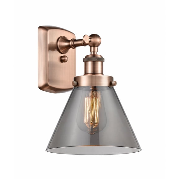 916-1W-AC-G43 Innovations Lighting Cone - 1 Light Wall Sconce In Industrial Style-13 Inches Tall and 8 Inches Wide-Antique Copper Finish-Light Smoke