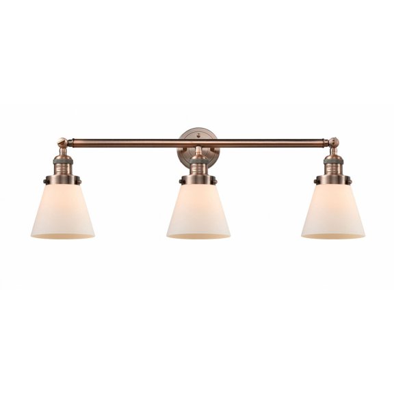 205-AC-G61 Innovations Lighting Cone - 3 Light Bath Vanity In Industrial Style-11 Inches Tall and 30 Inches Wide-Antique Copper Finish-Matte White