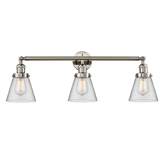 205-PN-G62 Innovations Lighting Cone - 3 Light Bath Vanity In Industrial Style-11 Inches Tall and 30 Inches Wide-Polished Nickel Finish-Clear Glass