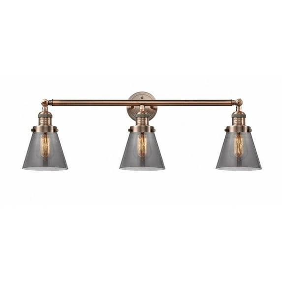 205-AC-G63 Innovations Lighting Cone - 3 Light Bath Vanity In Industrial Style-11 Inches Tall and 30 Inches Wide-Antique Copper Finish-Light Smoke