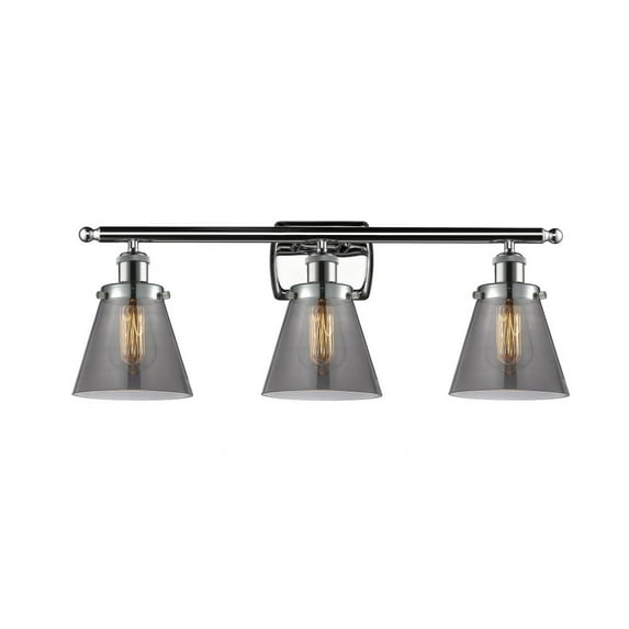916-3W-PC-G63 Innovations Lighting Cone - 3 Light Bath Vanity In Industrial Style-11 Inches Tall and 26 Inches Wide-Polished Chrome Finish-Light Smoke