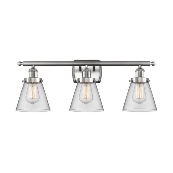 916-3W-SN-G62 Innovations Lighting Cone - 3 Light Bath Vanity In Industrial Style-11 Inches Tall and 26 Inches Wide-Brushed Satin Nickel Finish-Clear