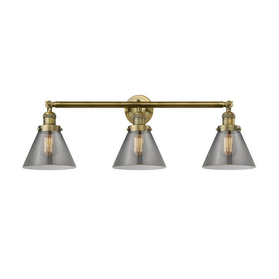 205-BB-G43 Innovations Lighting Cone - 3 Light Bath Vanity In Industrial Style-11 Inches Tall and 32 Inches Wide-Brushed Brass Finish-Light Smoke