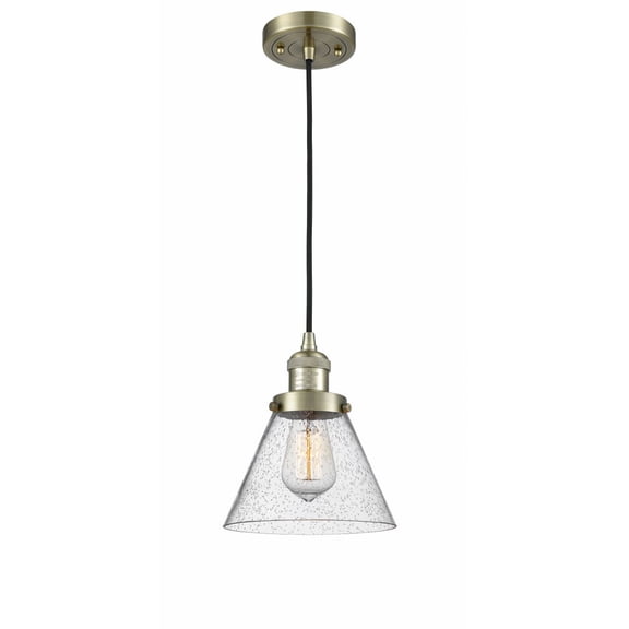 201C-AB-G44 Innovations Lighting Cone - 1 Light Cord Hung Mini Pendant In Industrial Style-10 Inches Tall and 8 Inches Wide-Antique Brass Finish-Seedy
