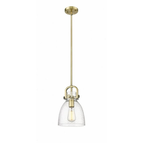 Innovations Lighting Newton Bell - 1 Light 8" Stem Hung Pendant Brushed Brass/Seedy